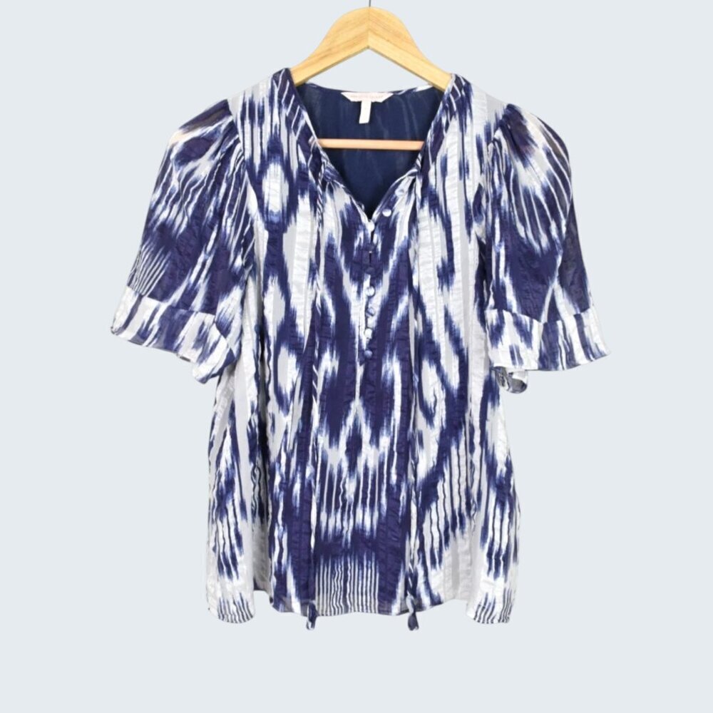 REBECCA TAYLOR IKAT PRINT SILK HALF BUTTON SHORT SLEEVE TOP